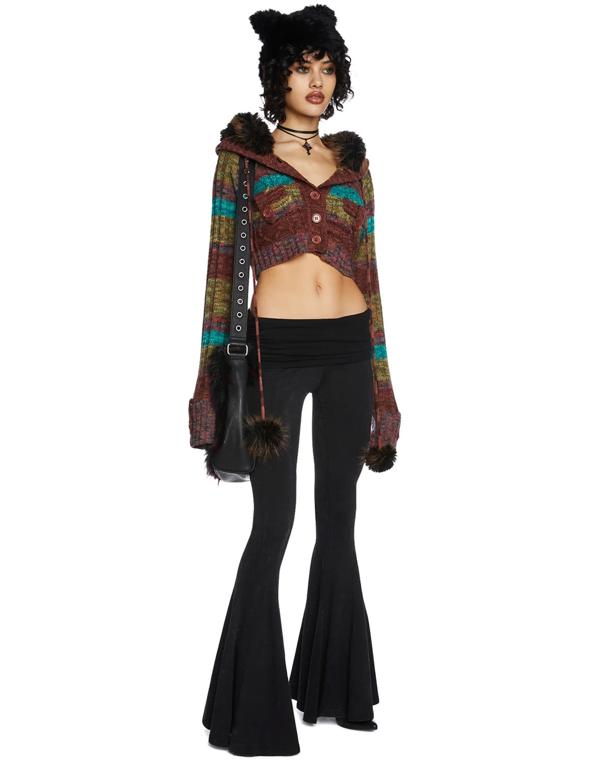 BLACK RUCHED BOOTCUT PANTS