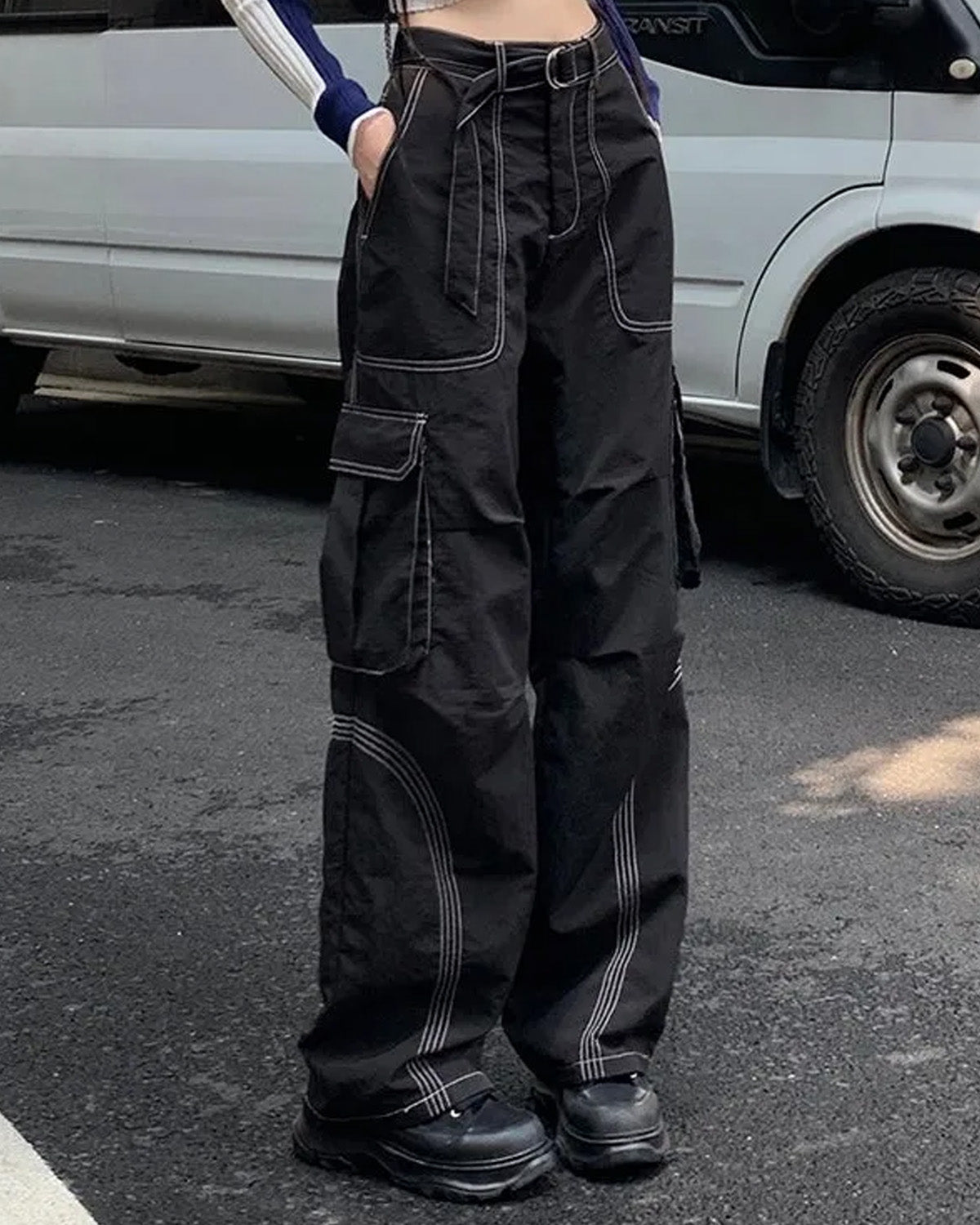 CONTRAST STITCH BAGGY BELTED CARGO