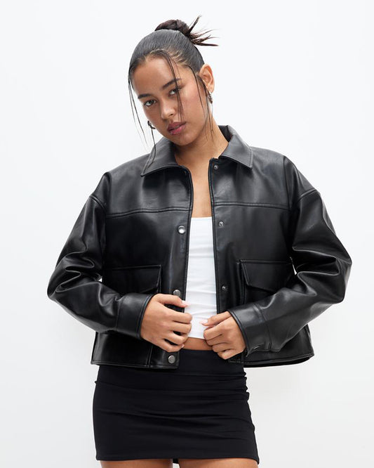 BUTTON DOWN FAUX LEATHER SHACKET