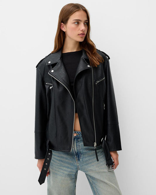 BELTED ZIP-UP BIKER JACKET