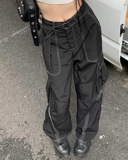 CONTRAST STITCH BAGGY BELTED CARGO