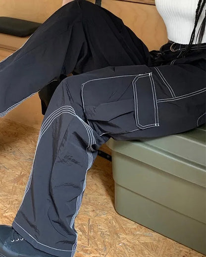 CONTRAST STITCH BAGGY BELTED CARGO