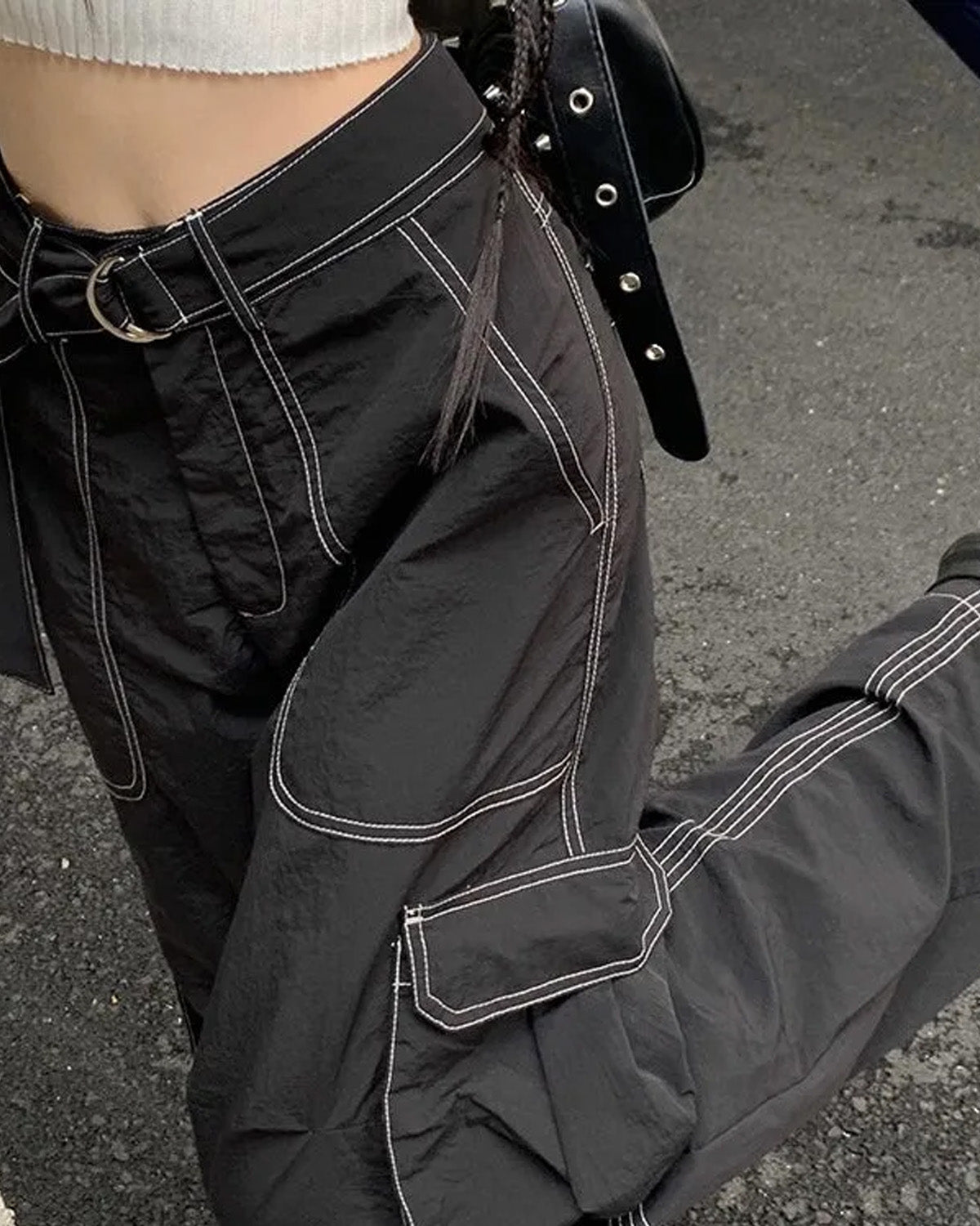CONTRAST STITCH BAGGY BELTED CARGO