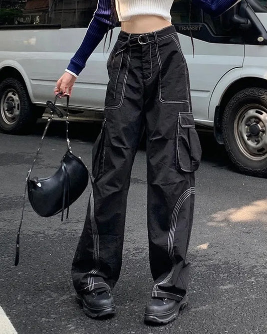 CONTRAST STITCH BAGGY BELTED CARGO
